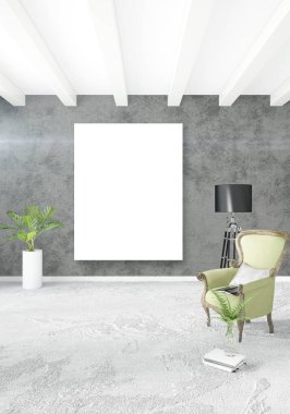 Çatı katı yatak odasında modern tarzı iç tasarım eklektik duvar ve şık kanepe. 3D render.