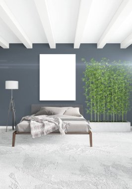 Çatı katı yatak odasında modern tarzı iç tasarım eklektik duvar ve şık kanepe. 3D render.