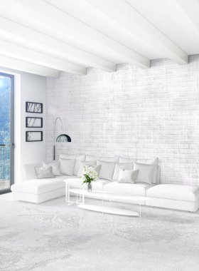 Çatı katı yatak odasında modern tarzı iç tasarım eklektik duvar ve şık kanepe. 3D render.