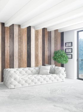 Çatı katı yatak odasında modern tarzı iç tasarım eklektik duvar ve şık kanepe. 3D render.