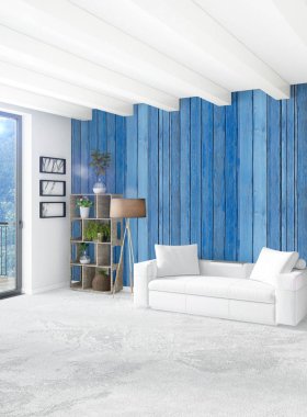 Çatı katı yatak odasında modern tarzı iç tasarım eklektik duvar ve şık kanepe. 3D render.