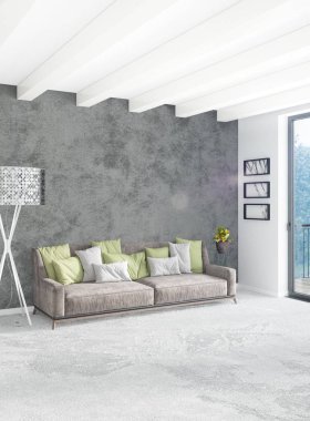 Çatı katı yatak odasında modern tarzı iç tasarım eklektik duvar ve şık kanepe. 3D render.