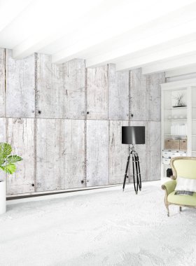 Beyaz boş yatak odası en az stil iç tasarım ahşap duvar ve boşaltmak. 3D render.