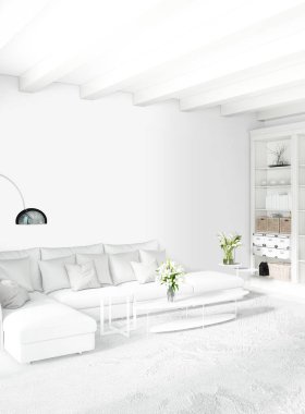 Çatı katı yatak odasında modern tarzı iç tasarım eklektik duvar ve şık kanepe. 3D render.