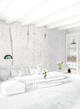 Çatı katı yatak odasında modern tarzı iç tasarım eklektik duvar ve şık kanepe. 3D render.