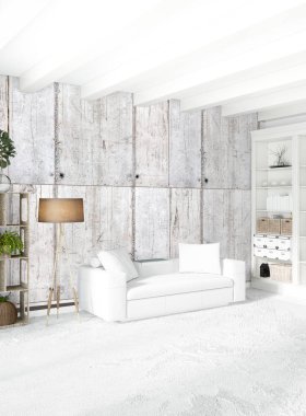 Çatı katı yatak odasında modern tarzı iç tasarım eklektik duvar ve şık kanepe. 3D render.