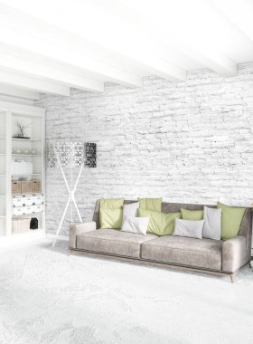 Çatı katı yatak odasında modern tarzı iç tasarım eklektik duvar ve şık kanepe. 3D render.