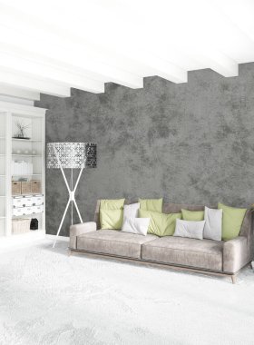 Çatı katı yatak odasında modern tarzı iç tasarım eklektik duvar ve şık kanepe. 3D render.