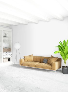 Çatı katı yatak odasında modern tarzı iç tasarım eklektik duvar ve şık kanepe. 3D render.