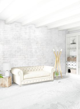 Çatı katı yatak odasında modern tarzı iç tasarım eklektik duvar ve şık kanepe. 3D render.