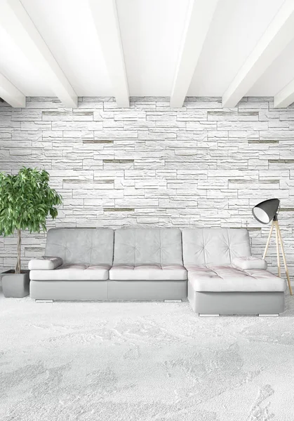 Çatı katı yatak odasında modern tarzı iç tasarım eklektik duvar ve şık kanepe. 3D render.