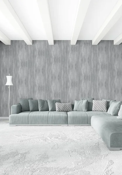 Çatı katı yatak odasında modern tarzı iç tasarım eklektik duvar ve şık kanepe. 3D render.