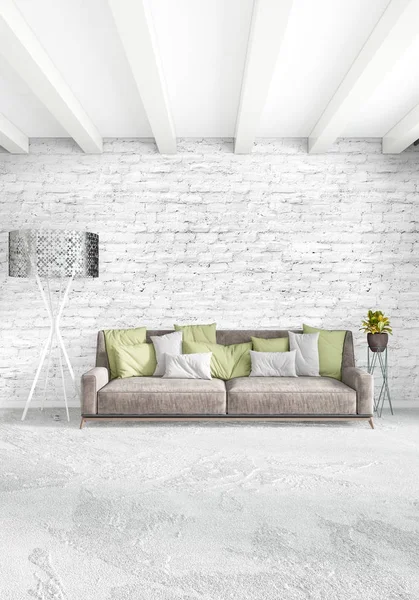 Çatı katı yatak odasında modern tarzı iç tasarım eklektik duvar ve şık kanepe. 3D render.