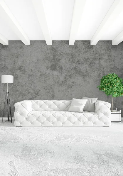 Çatı katı yatak odasında modern tarzı iç tasarım eklektik duvar ve şık kanepe. 3D render.