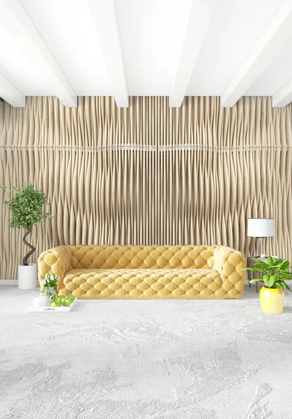 Çatı katı yatak odasında modern tarzı iç tasarım eklektik duvar ve şık kanepe. 3D render.