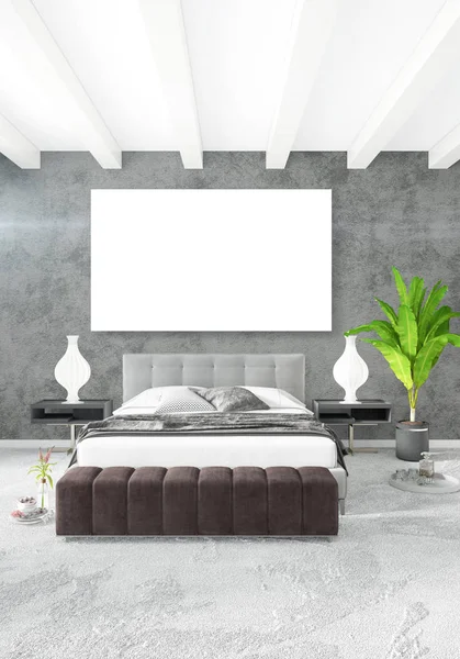 Çatı katı yatak odasında modern tarzı iç tasarım eklektik duvar ve şık kanepe. 3D render.