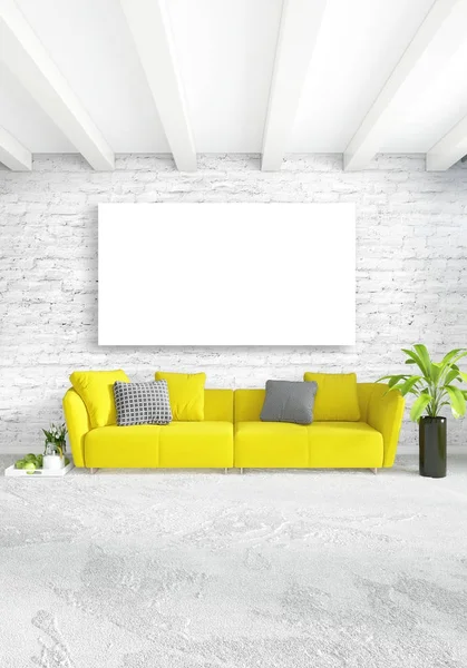 Dormitorio amarillo o sala de estar en estilo moderno Diseño de interiores con pared exudante y muebles elegantes. Renderizado 3D . —  Fotos de Stock