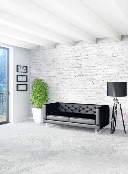 Çatı katı yatak odasında modern tarzı iç tasarım eklektik duvar ve şık kanepe. 3D render.