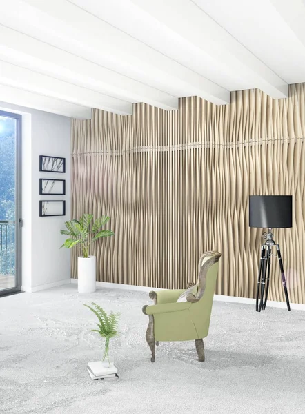 Çatı katı yatak odasında modern tarzı iç tasarım eklektik duvar ve şık kanepe. 3D render.