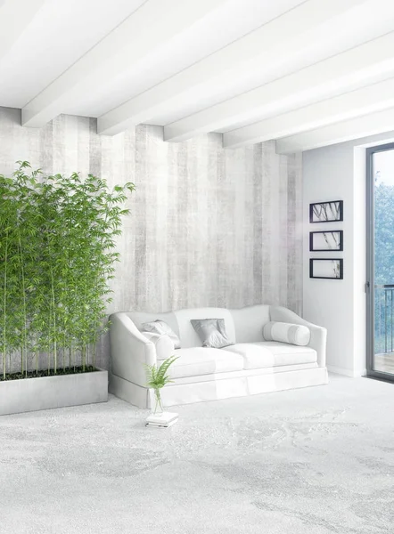 Çatı katı yatak odasında modern tarzı iç tasarım eklektik duvar ve şık kanepe. 3D render.