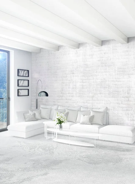 Çatı katı yatak odasında modern tarzı iç tasarım eklektik duvar ve şık kanepe. 3D render.