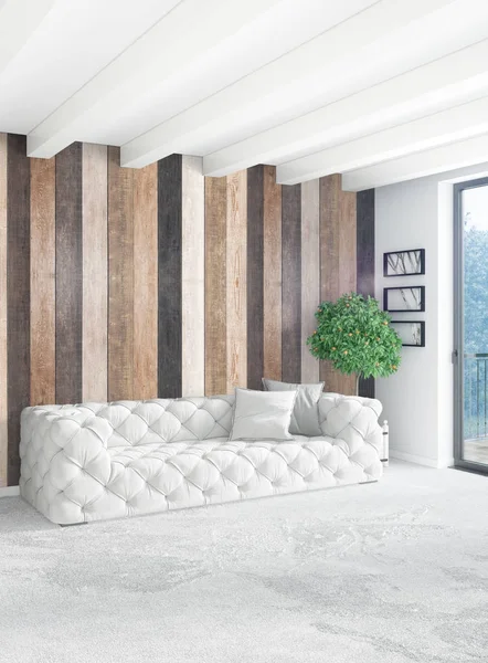 Çatı katı yatak odasında modern tarzı iç tasarım eklektik duvar ve şık kanepe. 3D render.