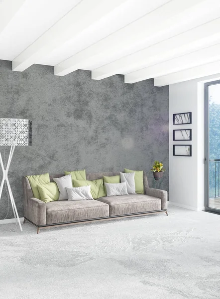 Çatı katı yatak odasında modern tarzı iç tasarım eklektik duvar ve şık kanepe. 3D render.