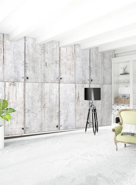 Beyaz boş yatak odası en az stil iç tasarım ahşap duvar ve boşaltmak. 3D render.