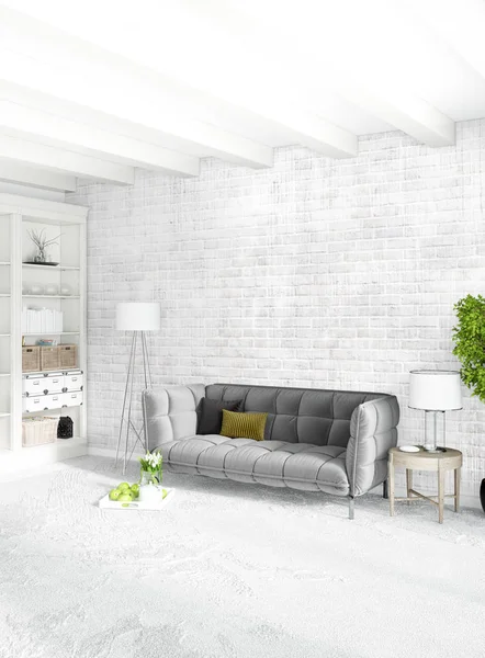 Çatı katı yatak odasında modern tarzı iç tasarım eklektik duvar ve şık kanepe. 3D render.