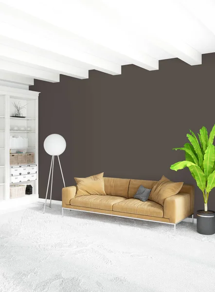 Chambre à coucher Loft dans un style moderne design intérieur avec mur éclectique et canapé élégant. Rendu 3D . — Photo