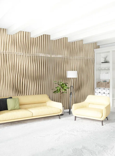 Çatı katı yatak odasında modern tarzı iç tasarım eklektik duvar ve şık kanepe. 3D render.