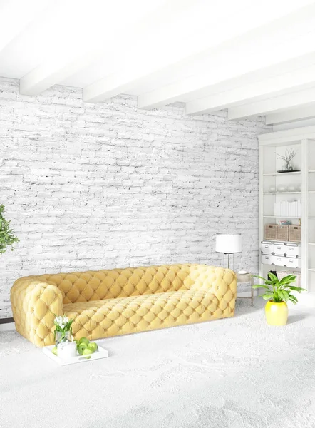 Çatı katı yatak odasında modern tarzı iç tasarım eklektik duvar ve şık kanepe. 3D render.