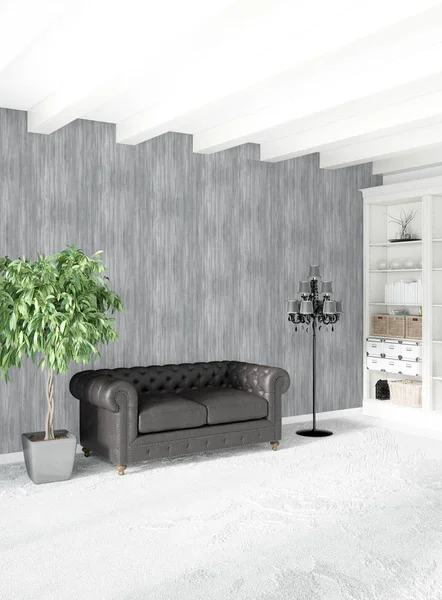 Çatı katı yatak odasında modern tarzı iç tasarım eklektik duvar ve şık kanepe. 3D render.