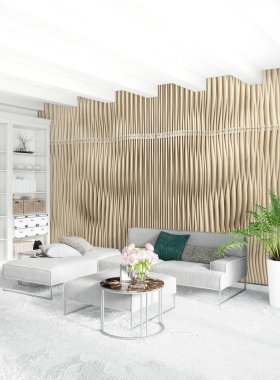 Çatı katı yatak odasında modern tarzı iç tasarım eklektik duvar ve şık kanepe. 3D render.