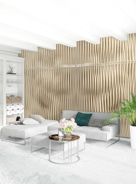 Çatı katı yatak odasında modern tarzı iç tasarım eklektik duvar ve şık kanepe. 3D render.