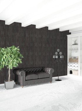 Çatı katı yatak odasında modern tarzı iç tasarım eklektik duvar ve şık kanepe. 3D render.