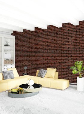 Çatı katı yatak odasında modern tarzı iç tasarım eklektik duvar ve şık kanepe. 3D render.