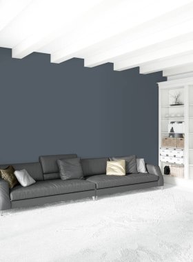 Çatı katı yatak odasında modern tarzı iç tasarım eklektik duvar ve şık kanepe. 3D render.