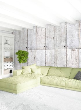 Çatı katı yatak odasında modern tarzı iç tasarım eklektik duvar ve şık kanepe. 3D render.