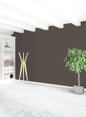 Beyaz boş yatak odası en az stil iç tasarım ahşap duvar ve boşaltmak. 3D render.