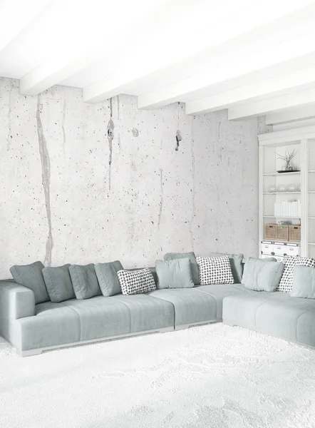 Çatı katı yatak odasında modern tarzı iç tasarım eklektik duvar ve şık kanepe. 3D render.