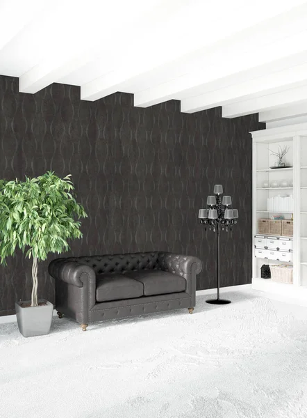 Çatı katı yatak odasında modern tarzı iç tasarım eklektik duvar ve şık kanepe. 3D render.