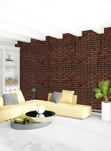 Çatı katı yatak odasında modern tarzı iç tasarım eklektik duvar ve şık kanepe. 3D render.