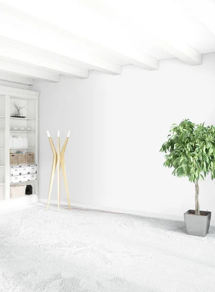 Chambre blanche vide style minimal Design d'intérieur avec mur en bois et copyspace. Rendu 3D . — Photo