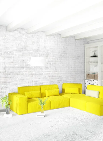 Sarı yatak odası veya oturma odası dekorasyon duvar ve şık mobilya yayan ile modern tarzda. 3D render.
