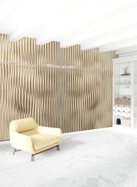 Çatı katı yatak odasında modern tarzı iç tasarım eklektik duvar ve şık kanepe. 3D render.