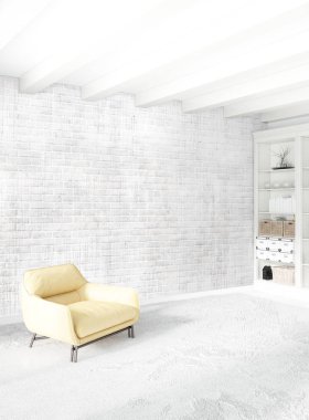 Çatı katı yatak odasında modern tarzı iç tasarım eklektik duvar ve şık kanepe. 3D render.