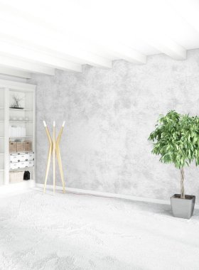 Beyaz boş yatak odası en az stil iç tasarım ahşap duvar ve boşaltmak. 3D render.