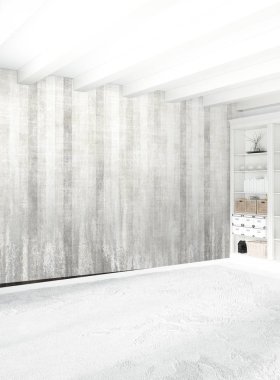 Beyaz boş yatak odası en az stil iç tasarım ahşap duvar ve boşaltmak. 3D render.