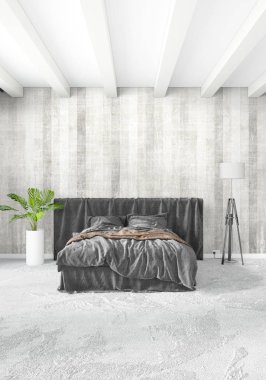 Çatı katı yatak odasında modern tarzı iç tasarım eklektik duvar ve şık kanepe. 3D render.